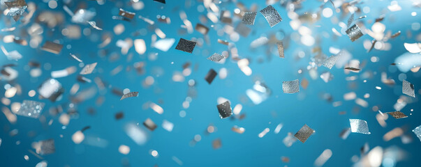 Silver confetti raining down over a solid blue background, each piece shining brightly.