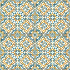 Blue and yellow Azulejos tiles. Traditional Portuguese Mosaic, Spanish Majolica tile decoration. Patchwork print for wallpaper design. Watercolor artwork, antique tileable ceramics.