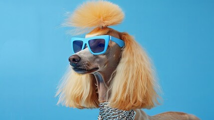Stylish dog with funky hairstyle and cool sunglasses on a blue background