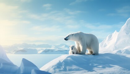Mother and baby polar bears relax walks in extreme winter weather, polar bears family standing above snow with a view of the frost mountains