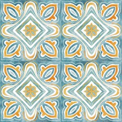 Blue and yellow Azulejos tiles. Traditional Portuguese Mosaic, Spanish Majolica tile decoration. Patchwork print for wallpaper design. Watercolor artwork, antique tileable ceramics.
