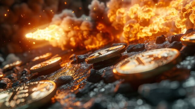 Bitcoins are piled up into hills, and the background is a blurred bull market stock market. Combined with the scene of a rocket taking off and breaking through the sky, it means that the stock market 