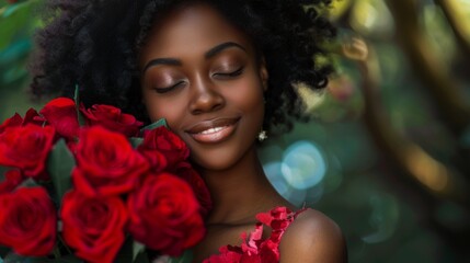 Woman Embracing a Red Roses Bouquet