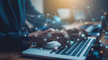 The professional businessman is focused on utilizing a laptops data visualization for enhanced efficiency in a futuristic workspace, showcasing innovation and modern technology for optimal results