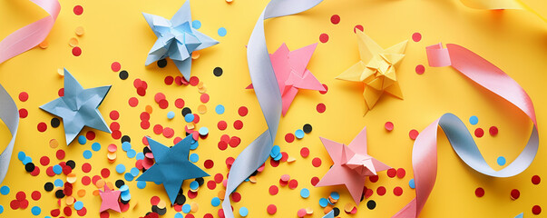 Vivid short ribbons, star-shaped paper cutouts, and confetti spread on a cheerful yellow background.