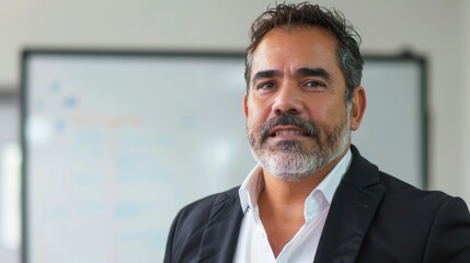 Fototapeta premium Man with gray beard and mustache wearing a black blazer over a white shirt standing in front of a whiteboard with writing on it.