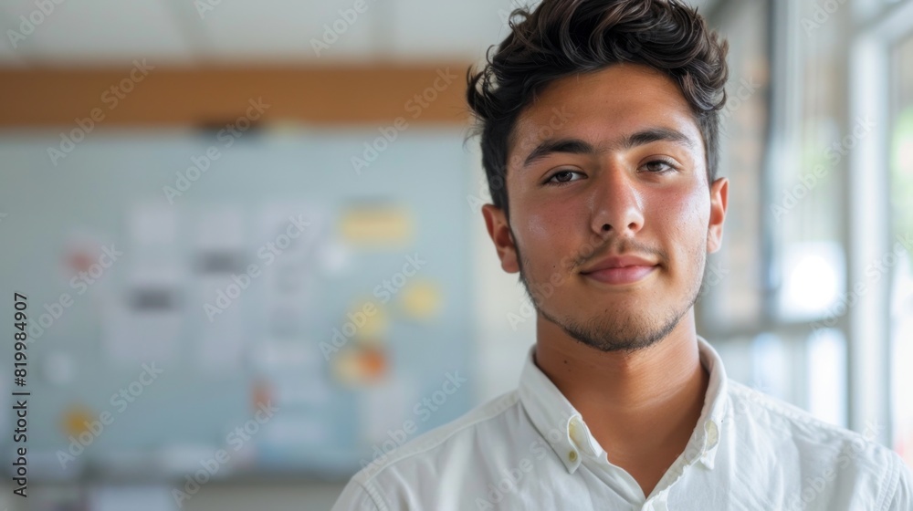 Wall mural Young man with a beard and curly hair wearing a white shirt standing in front of a board with notes and a window in the background.