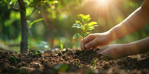 Closeup of hands planting sapling in fertile soil on a sunny day. Concept Gardening, Nature, Sustainability, Planting, Sunlight