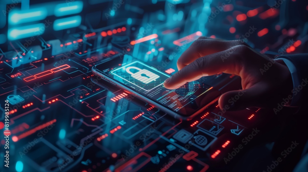 Poster exploring cybersecurity technology a hand with a digital interface. keywords cybersecurity, technolo