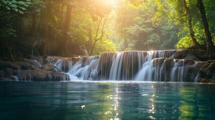 waterfall cascading down into a crystal-clear pool, surrounded by lush greenery. The scene is in the early morning.