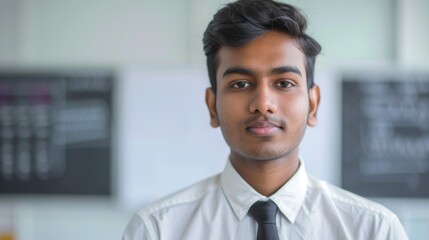 Fototapeta premium Young man with short dark hair wearing a white collared shirt and black tie standing in an office environment with blurred whiteboards in the background.