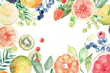 A watercolor clipart of a top view of fresh fruits arranged around the edges of a white background with ample copy space in the center The fruits