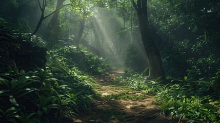 A forest path with sunlight shining through the trees.