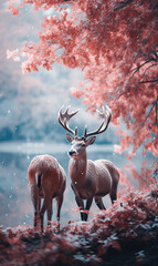 Two Deer Standing Together in Forest