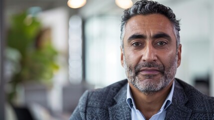 Obraz premium A man with a beard and graying hair wearing a suit and looking directly at the camera with a serious expression.