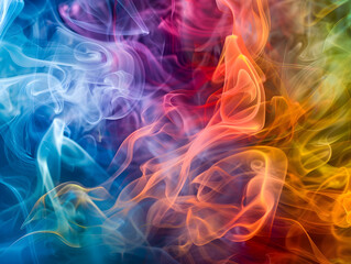 Abstract Vibrant Swirl of Colorful Smoke or Mist Against Dark Background - Dynamic Ethereal Patterns in Blue, Purple, Pink, Red, Orange, Yellow, and Green - Psychedelic Representation of Creativity