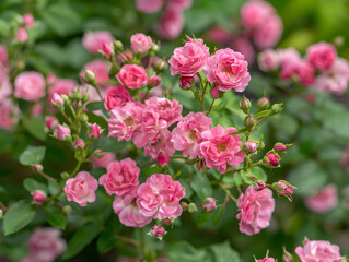 Vibrant Cluster of Blooming Pink Roses: Dynamic Stages of Life with Soft Pastel to Intense Hues Contrast Against Lush Green Foliage - Evoking Freshness, Beauty, and Serenity