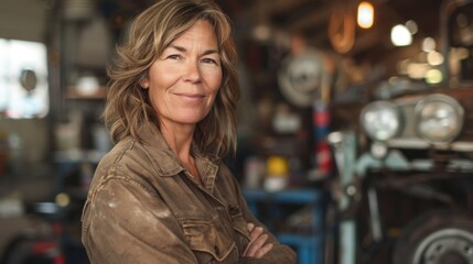 Fototapeta premium Woman with short brown hair wearing a brown jacket standing in a garage with a vintage car in the background.