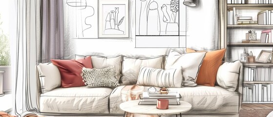 An illustrated modern living room with a cozy white sofa