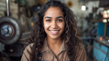 Fototapeta premium Smiling young woman with curly hair wearing a brown shirt standing in a workshop with machinery in the background.