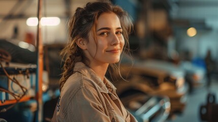 Fototapeta premium A young woman with a warm smile wearing a beige jacket standing in a garage-like setting with blurred vehicles in the background.