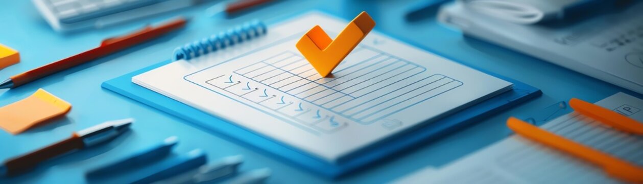 3D checkmark icon with a Likert scale feedback form for project review