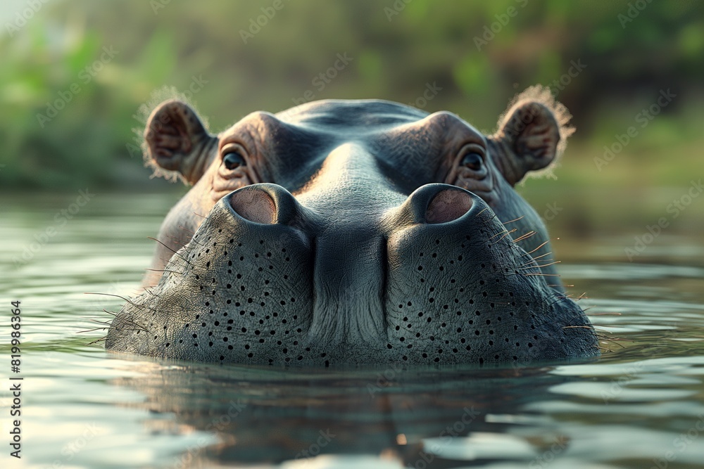 Wall mural A close-up portrait of a male hippo in a river, looking directly at the camera. Blurred background. Horizontal. 