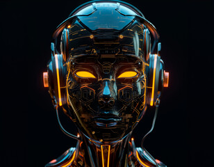 Artificial intelligence in humanoid head with. AI with Digital Brain with headphones, analysis information. AI generated