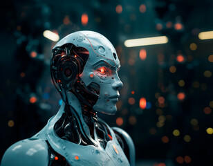 Artificial intelligence in humanoid head with. Face of cyber mind. Technology background concept