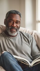 Fototapeta premium A man with a gray beard and mustache wearing a gray shirt sitting comfortably on a couch holding an open book with a warm and inviting smile on his face suggesting a moment of enjoyment of reading.