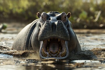 A close-up portrait of a male hippo in a river, looking directly at the camera. Blurred background....
