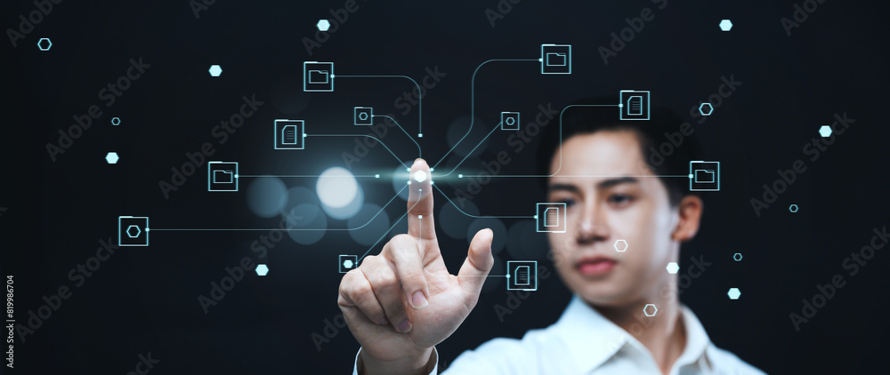 Poster businessman worker managing folder data and document management system dms, information computer tec