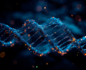 Blue DNA chains sparkle with tiny lights, set in a deep, dark background. - Powered by Adobe