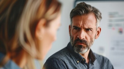 Fototapeta premium A man with a beard and gray hair wearing a blue shirt looking intently at a woman with a concerned expression.