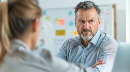 Obraz premium A man with a stern expression arms crossed and a beard looking at a woman who is out of focus suggesting a serious or tense conversation.
