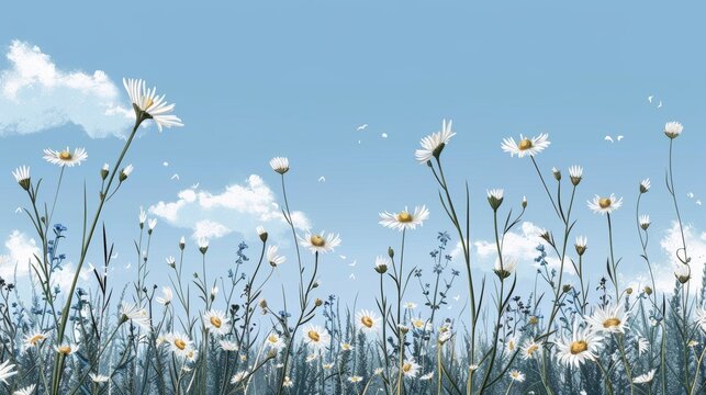Anime illustration of beautiful field meadow flowers chamomile as a nature landscape background. anime illustrations. Illustrations