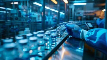 A gloved hand in a pharmaceutical production line carefully handles vials in a sterile environment, following strict cleanliness and safety standards for accuracy and quality assurance