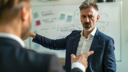 A man in a suit with a beard and mustache looking surprised or concerned standing in front of a whiteboard with notes and drawings engaged in a conversation with another person
