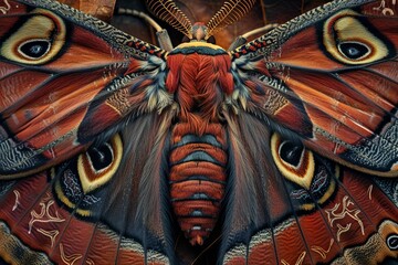 Fototapeta premium An exquisite close-up photograph of the dorsal side of a cecropia moth, showing its intricate patterns and colors in great detail.