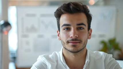 Obraz premium Young man with short dark hair and a beard wearing a white shirt sitting in an office with a whiteboard in the background.