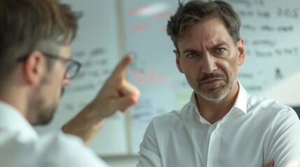 Obraz premium Man in white shirt with arms crossed looking serious while another man points at whiteboard with red marker.