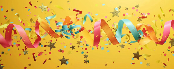 A burst of colorful short ribbons, metallic paper stars, and scattered confetti against a yellow background.