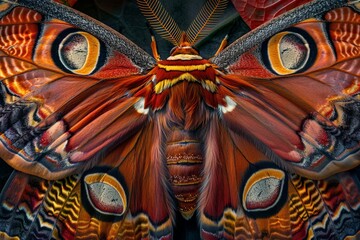 Obraz premium An exquisite close-up photograph of the wings of a cecropia moth, displaying intricate patterns and vibrant colors.