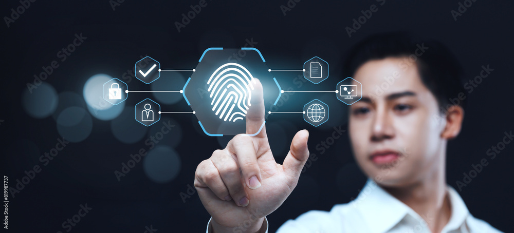 Poster digital internet security and verification of business person using fingerprint to verify identity f