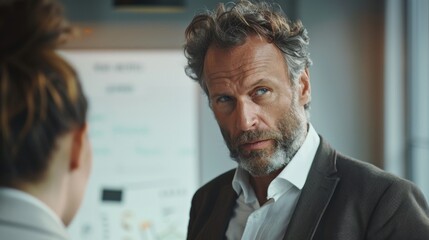 A man with a gray beard and curly hair wearing a suit looking at someone off-camera with a serious expression.