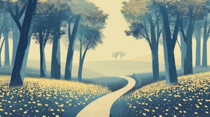 natural scenery in the fall with a path in the middle of the forest. Seamless looping 4k time-lapse virtual video animation background. anime illustrations. Illustrations