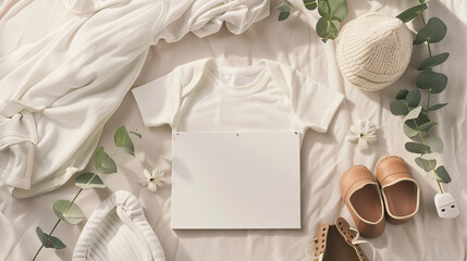 Step into the virtual realm of a pregnancy announcement gathering with this meticulously curated overhead view. Anchoring the scene is an empty letterboard, 