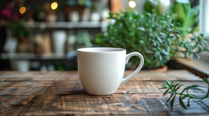 Simple, clean photo of a white coffee cup on a wooden table, perfect for lifestyle and food blogs.