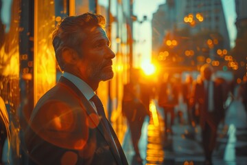 A man in a suit stands on the city street at sunset