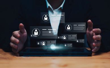 Human resources management businessman worker, managing employees information dada on individual worker, checking resume job application on hiring, reviewing online surveys and form, questions tests.